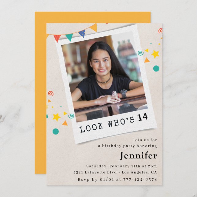 Simple 14th birthday invitations Girl Orange Photo (Front/Back)
