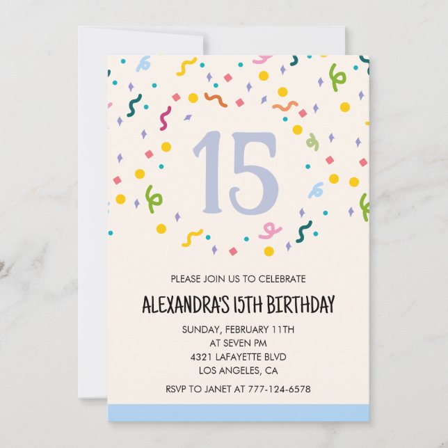 Simple 15th birthday invitations Confetti Modern (Front)