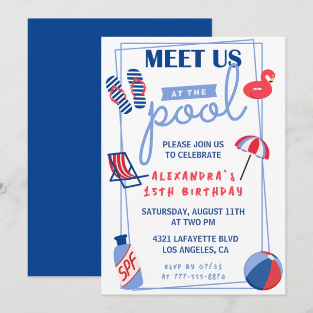 Simple 15th birthday invitations Pool Party Summer (Front/Back)
