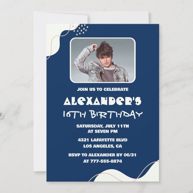 Simple 16th birthday invitations Men Photo Navy (Front)