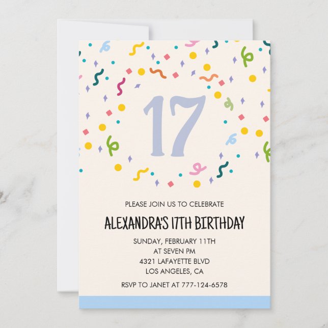 Simple 17th birthday invitations Confetti Modern (Front)