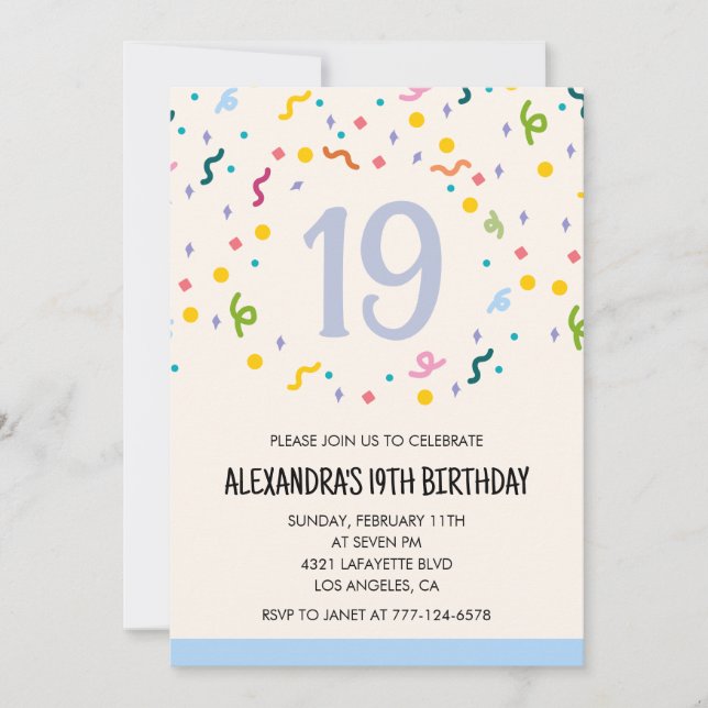 Simple 19th birthday invitations Confetti Modern (Front)