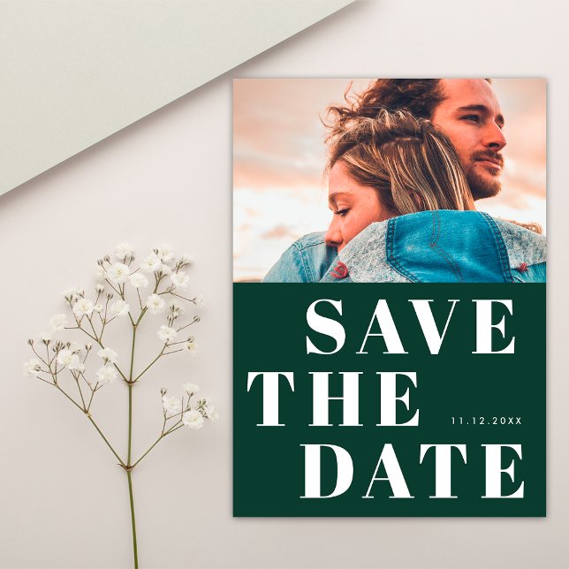 Simple 1 Photo Bold Emerald Green White Wedding Save The Date (Front)