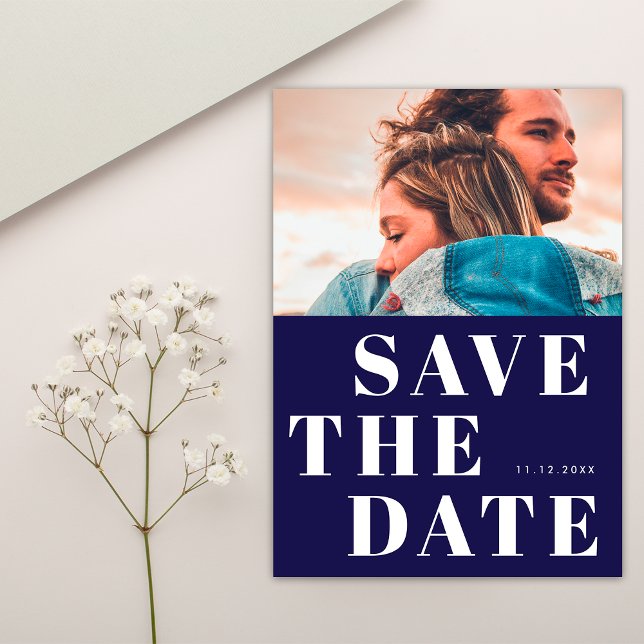 Simple 1 Photo Bold Navy Blue and White Wedding Save The Date (Front)