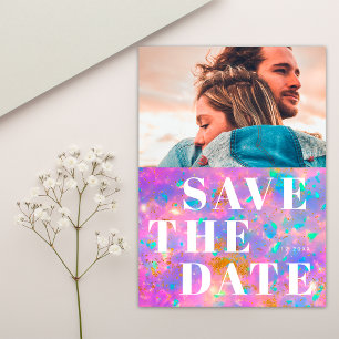 Simple 1 Photo Bold Opal Stone and White Wedding Save The Date