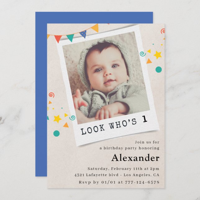 Simple 1st birthday invitations Blue Photo (Front/Back)