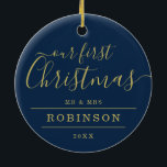 Simple 1st XMAS Wedding Photo Gold Frame Navy Ceramic Tree Decoration<br><div class="desc">Elegant & Simple 1st Christmas ornament template with Gold Frame,  personalised Wedding Photo,  year & name.</div>