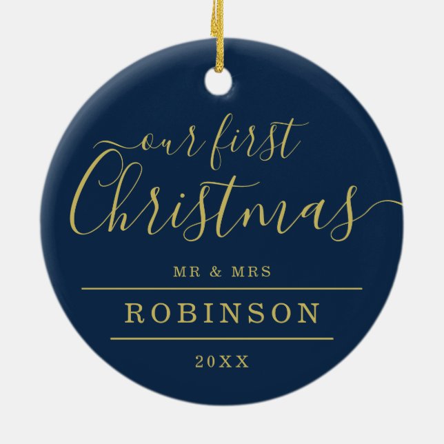 Simple 1st XMAS Wedding Photo Gold Frame Navy Ceramic Tree Decoration (Back)