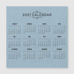 Simple 2021 Calendar on Blue Paper Magnetic Card