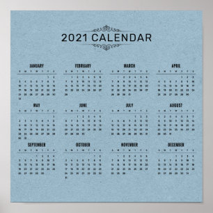 Simple 2021 Calendar on Blue Paper Poster