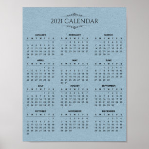 Simple 2021 Calendar on Blue Paper Poster