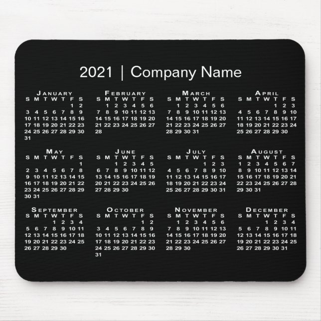 Simple 2021 Calendar with Company Name on Black Mouse Mat (Front)