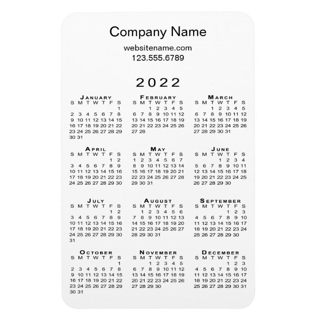 Simple 2022 Calendar Company Name Info on White Magnet (Vertical)