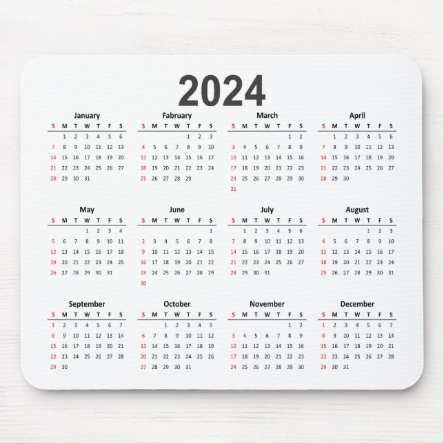 Simple 2024 White Background Calendar Mouse Mat (Front)