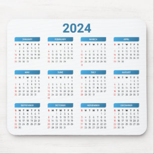 Simple 2024 Year At A Glance Blue & White Calendar Mouse Mat