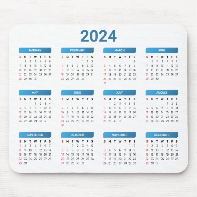 Simple 2024 Year At A Glance Blue & White Calendar Mouse Mat (Front)