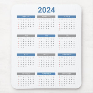 Simple 2024 Year At A Glance Blue & White Calendar Mouse Mat