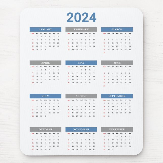Simple 2024 Year At A Glance Blue & White Calendar Mouse Mat (Front)