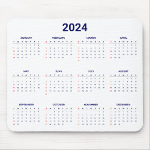 Simple 2024 Year At A Glance Blue & White Calendar Mouse Mat