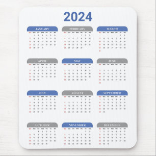 Simple 2024 Year At A Glance Blue & White Calendar Mouse Mat