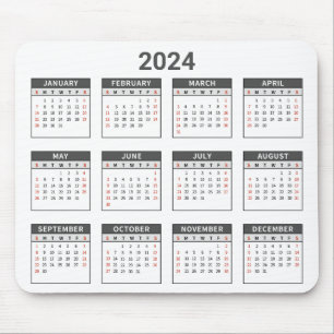 Simple 2024 Year At A Glance Grey & White Calendar Mouse Mat