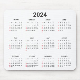 Simple 2024 Year At A Glance Red & Grey Calendar Mouse Mat
