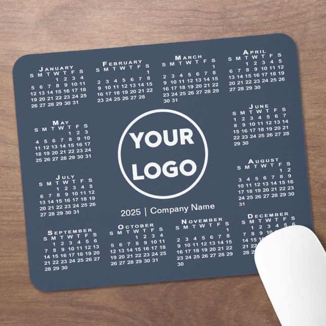 Simple 2025 Calendar Business Logo on Navy Blue Mouse Mat (Simple 2025 Calendar Business Logo on Navy Blue Mouse Pad in situ)