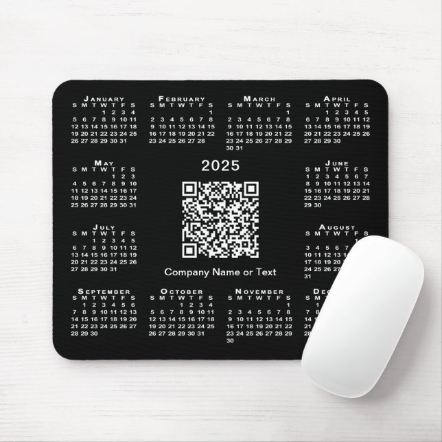 Simple 2025 Calendar Business QR Code on Black Mouse Mat (With Mouse)
