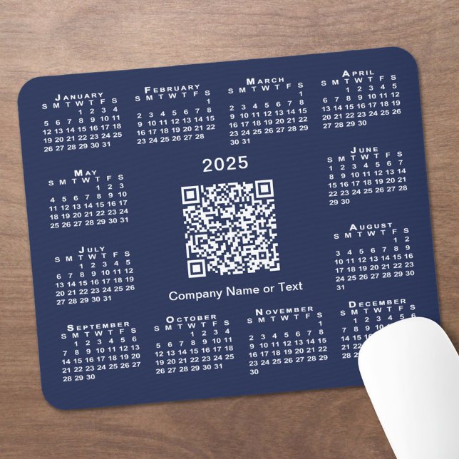 Simple 2025 Calendar Business QR Code on Navy Blue Mouse Mat (Simple 2025 Calendar Business QR Code on Navy Blue Mouse Pad in situ)
