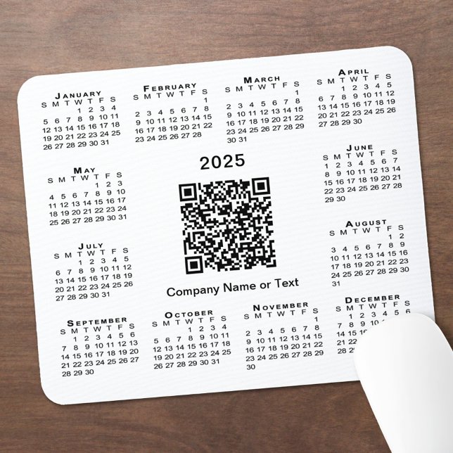 Simple 2025 Calendar Business QR Code on White Mouse Mat (Simple 2025 Calendar Business QR Code on White Mouse Pad in situ)