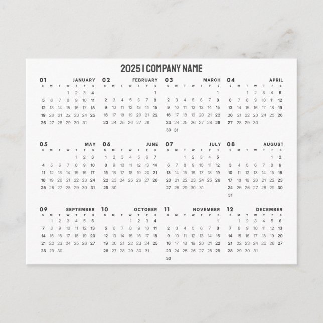 Simple 2025 Calendar Company Name | Any Background Postcard (Front)