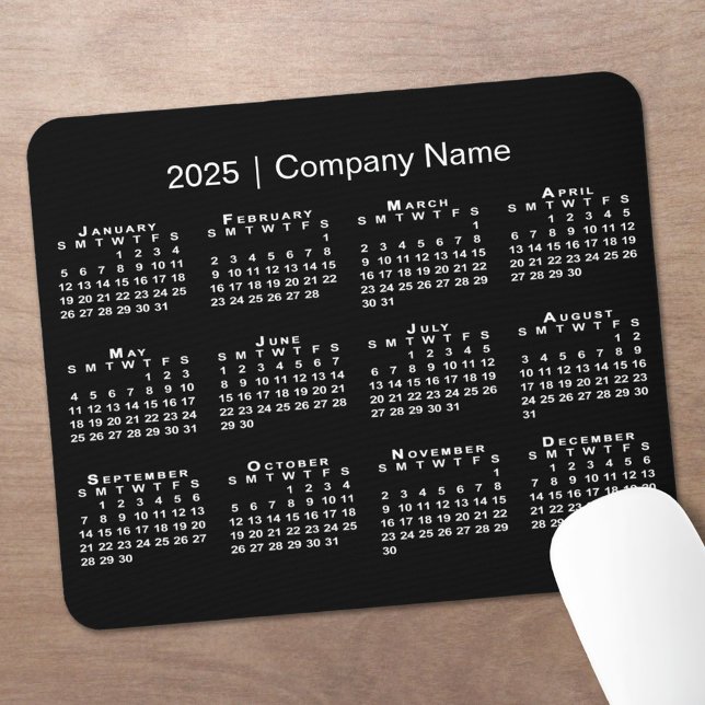 Simple 2025 Calendar Company Name on Black Mouse Mat (Simple 2025 Calendar Company Name on Black Mouse Pad in situ)