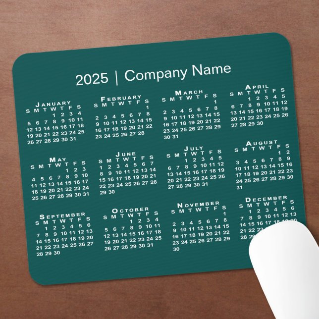 Simple 2025 Calendar Company Name on Blue-Green Mouse Mat (Simple 2025 Calendar Company Name on Blue-Green Mouse Pad in situ)