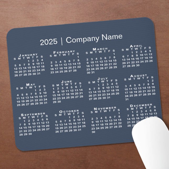 Simple 2025 Calendar Company Name on Navy Blue Mouse Mat (Simple 2025 Calendar Company Name on Navy Blue Mouse Pad in situ)