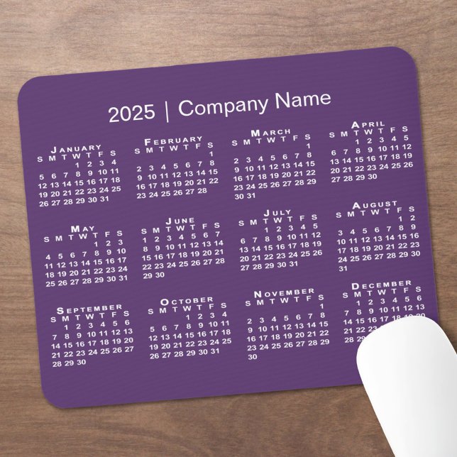 Simple 2025 Calendar Company Name on Purple Mouse Mat (Simple 2025 Calendar Company Name on Purple Mouse Pad in situ)