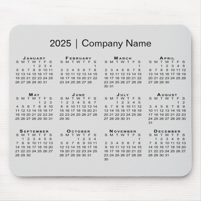 Simple 2025 Calendar with Company Name on Grey Mouse Mat (Front)