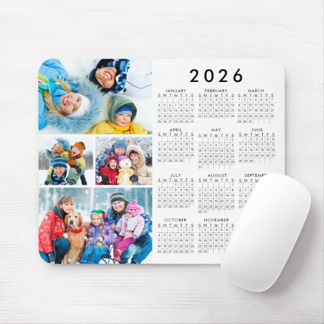 Simple 2026 Calendar 4 Photo Collage Mouse Mat (With Mouse)