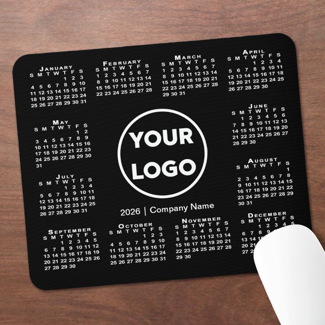Simple 2026 Calendar Business Logo on Black Mouse Mat (Simple 2026 Calendar Business Logo on Black Mouse Pad, in situ)