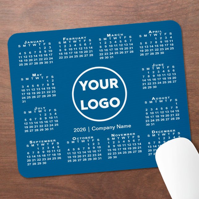 Simple 2026 Calendar Business Logo on Blue Mouse Mat (Simple 2026 Calendar Business Logo on Blue Mouse Pad, in situ)