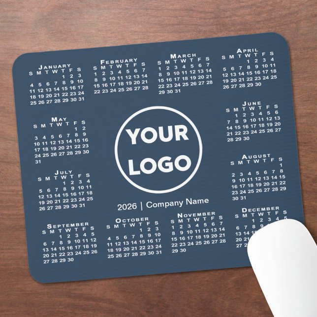 Simple 2026 Calendar Business Logo on Navy Blue Mouse Mat (Simple 2026 Calendar Business Logo on Navy Blue Mouse Pad, in situ)