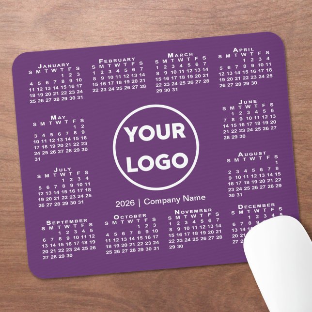 Simple 2026 Calendar Business Logo on Purple Mouse Mat (Simple 2026 Calendar Business Logo on Purple Mouse Pad, in situ)