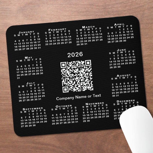 Simple 2026 Calendar Business QR Code on Black Mouse Mat (Simple 2026 Calendar Business QR Code on Black Mouse Pad, in situ)