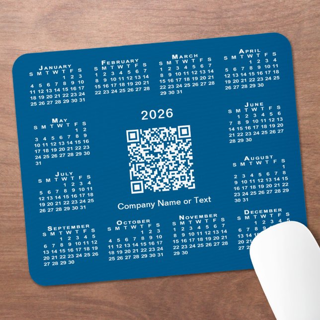 Simple 2026 Calendar Business QR Code on Blue Mouse Mat (Simple 2026 Calendar Business QR Code on Blue Mouse Pad, in situ)