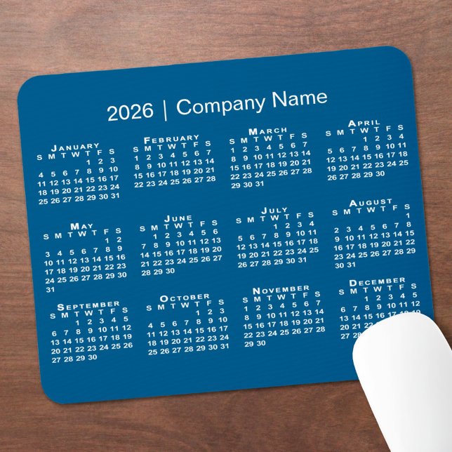 Simple 2026 Calendar Company Name on Blue Mouse Mat (Simple 2026 Calendar Company Name on Blue Mouse Pad, in situ)