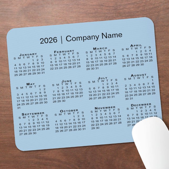 Simple 2026 Calendar Company Name on Light Blue Mouse Mat (Simple 2026 Calendar Company Name on Light Blue Mouse Pad, in situ)