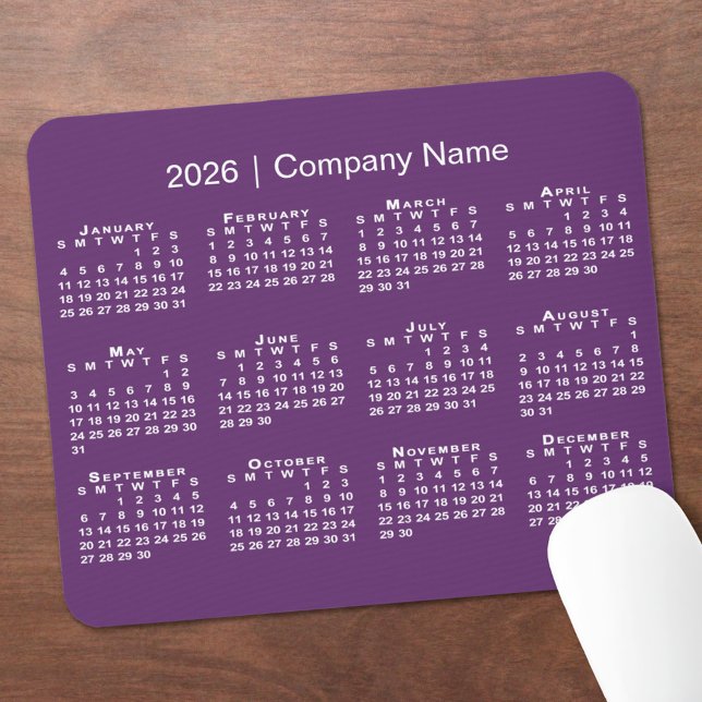 Simple 2026 Calendar Company Name on Purple Mouse Mat (Simple 2026 Calendar Company Name on Purple Mouse Pad, in situ)
