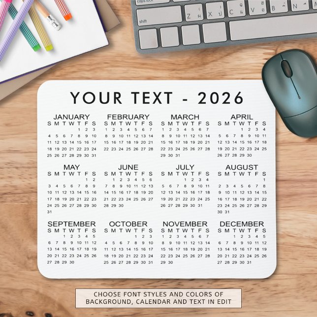 Simple 2026 Calendar Custom Colours Mouse Mat (Creator Uploaded)