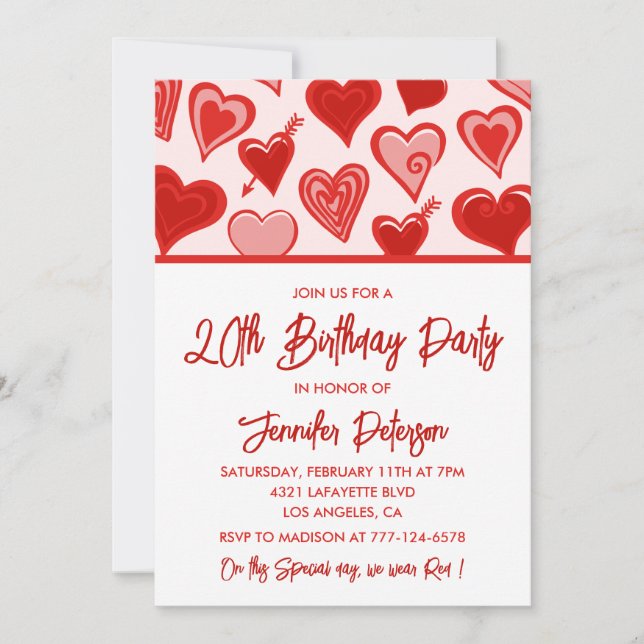 Simple 20th birthday invitations Red Hearts (Front)
