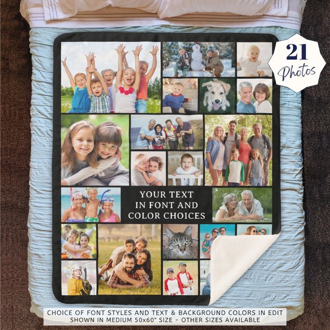 Simple 21 Photo Collage Custom Colour Personalised Sherpa Blanket (Creator Uploaded)