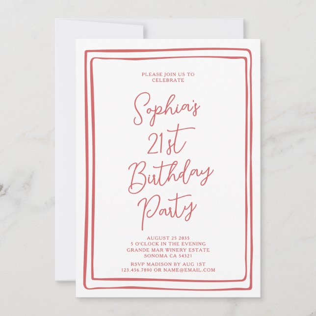 Simple 21st Birthday Hand drawn Script Red Invitation (Front)